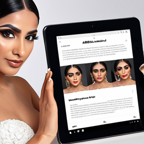 A professional and elegant Arab female makeup artist, mid-shot, confidently presenting her meticulously curated digital portfolio on a sleek tablet, with a beautifully designed, personalized cover letter partially visible on a desk beside high-end makeup brushes and artistic tools. The background is a clean, modern studio or office space with soft, professional lighting highlighting the artistry and sophistication. Emphasize the quality of the displayed makeup looks (e.g., a stunning bridal makeup, a bold fashion look) on the tablet screen, conveying a sense of artistic mastery and attention to detail. High resolution, realistic, warm tones, professional photography style.