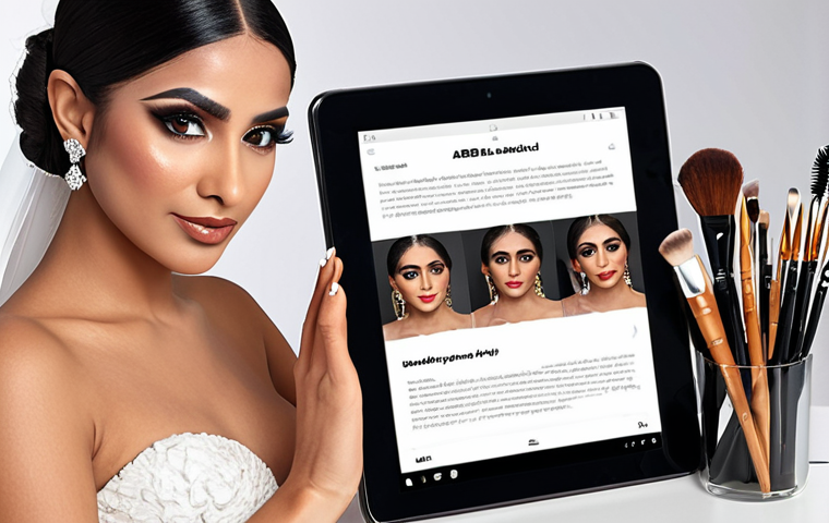 A professional and elegant Arab female makeup artist, mid-shot, confidently presenting her meticulously curated digital portfolio on a sleek tablet, with a beautifully designed, personalized cover letter partially visible on a desk beside high-end makeup brushes and artistic tools. The background is a clean, modern studio or office space with soft, professional lighting highlighting the artistry and sophistication. Emphasize the quality of the displayed makeup looks (e.g., a stunning bridal makeup, a bold fashion look) on the tablet screen, conveying a sense of artistic mastery and attention to detail. High resolution, realistic, warm tones, professional photography style.