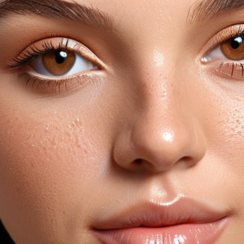 **Prompt:** Glowing skin close-up, perfect makeup base, foundation blending, highlighting. Emphasis on healthy, radiant complexion.