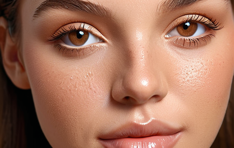 **Prompt:** Glowing skin close-up, perfect makeup base, foundation blending, highlighting. Emphasis on healthy, radiant complexion.