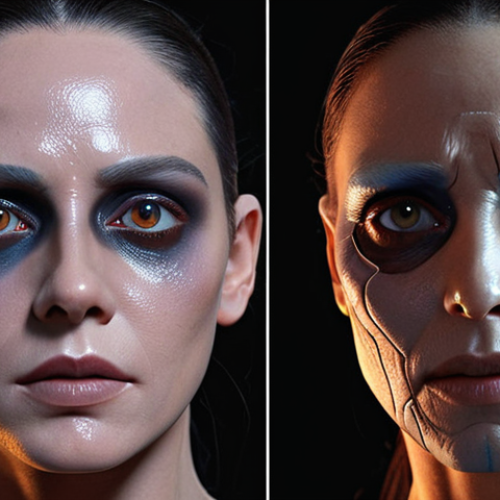 **Prompt 1: The Art of Seamless Transformation**
    A highly skilled cinematic makeup artist, with a focused expression, meticulously applies intricate prosthetic details and textures to an actor's face, utilizing traditional materials such as latex, silicone, and wax. The setting combines an artisan's workshop aesthetic with futuristic elements. In the background, a holographic display or a large screen seamlessly projects digital visual effects (VFX) over the actor's face, showing how the physical makeup integrates with digital enhancements to create a breathtakingly realistic fantastical creature. The scene emphasizes the blend of "pure manual skill" with "digital visual effects," highlighting the detailed tactile nature of practical effects juxtaposed with the subtle glow of computer-generated imagery. The lighting is dramatic, accentuating the depth and texture of the makeup.
