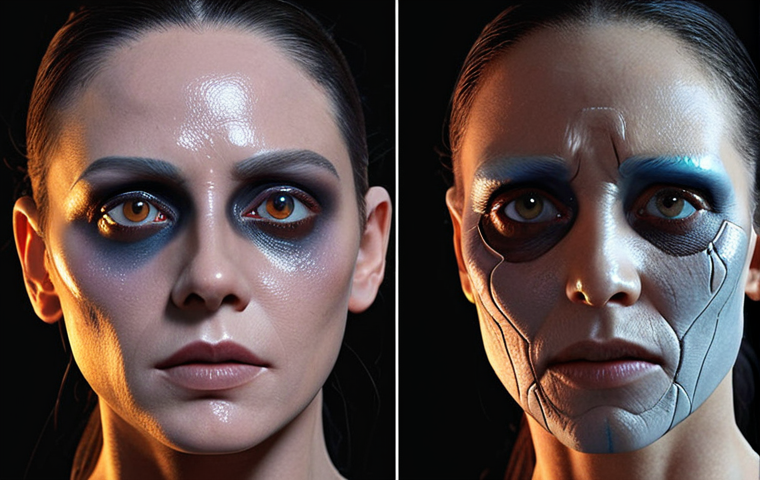 **Prompt 1: The Art of Seamless Transformation**
A highly skilled cinematic makeup artist, with a focused expression, meticulously applies intricate prosthetic details and textures to an actor's face, utilizing traditional materials such as latex, silicone, and wax. The setting combines an artisan's workshop aesthetic with futuristic elements. In the background, a holographic display or a large screen seamlessly projects digital visual effects (VFX) over the actor's face, showing how the physical makeup integrates with digital enhancements to create a breathtakingly realistic fantastical creature. The scene emphasizes the blend of "pure manual skill" with "digital visual effects," highlighting the detailed tactile nature of practical effects juxtaposed with the subtle glow of computer-generated imagery. The lighting is dramatic, accentuating the depth and texture of the makeup.