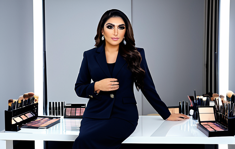 **
"A globally recognized makeup artist, هدى قطان (Huda Kattan), fully clothed in a modest, professional outfit, working in a modern, high-end beauty studio. Background includes makeup products and professional lighting equipment. Safe for work, appropriate content, perfect anatomy, correct proportions, natural pose, well-formed hands, proper finger count, natural body proportions, high resolution, professional photography."
**