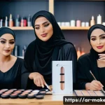메이크업아티스트를 위한 실무 워크숍 - A professional Arabic makeup workshop scene showcasing a diverse group of female trainees wearing mo...