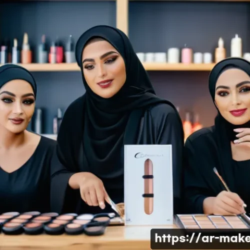 메이크업아티스트를 위한 실무 워크숍 - A professional Arabic makeup workshop scene showcasing a diverse group of female trainees wearing mo...