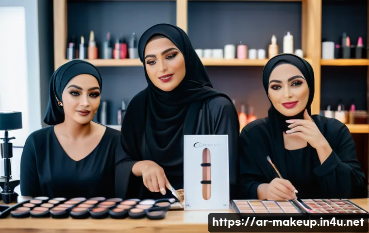 메이크업아티스트를 위한 실무 워크숍 - A professional Arabic makeup workshop scene showcasing a diverse group of female trainees wearing mo...