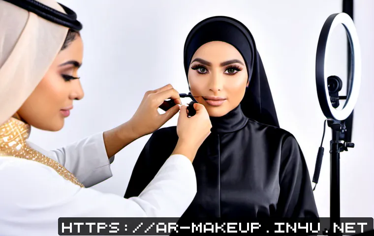 메이크업아티스트 실무 연습 방법 - Photorealistic editorial training scene in a modern beauty studio in Dubai, an adult Arab makeup art...