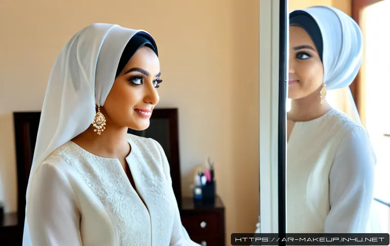 메이크업아티스트 성공 사례 분석 - Photorealistic success-story scene of a skilled Arab female makeup artist in elegant modest attire a...